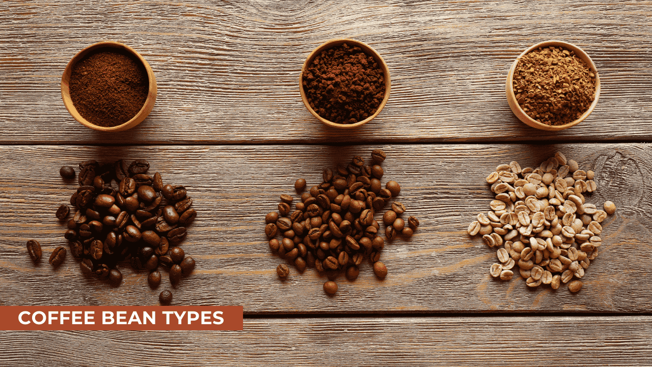 Various of coffee in small dishes on wooden table, top view