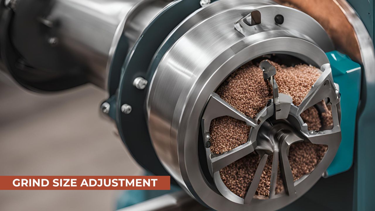 Industrial grinder showcasing grind size adjustment settings