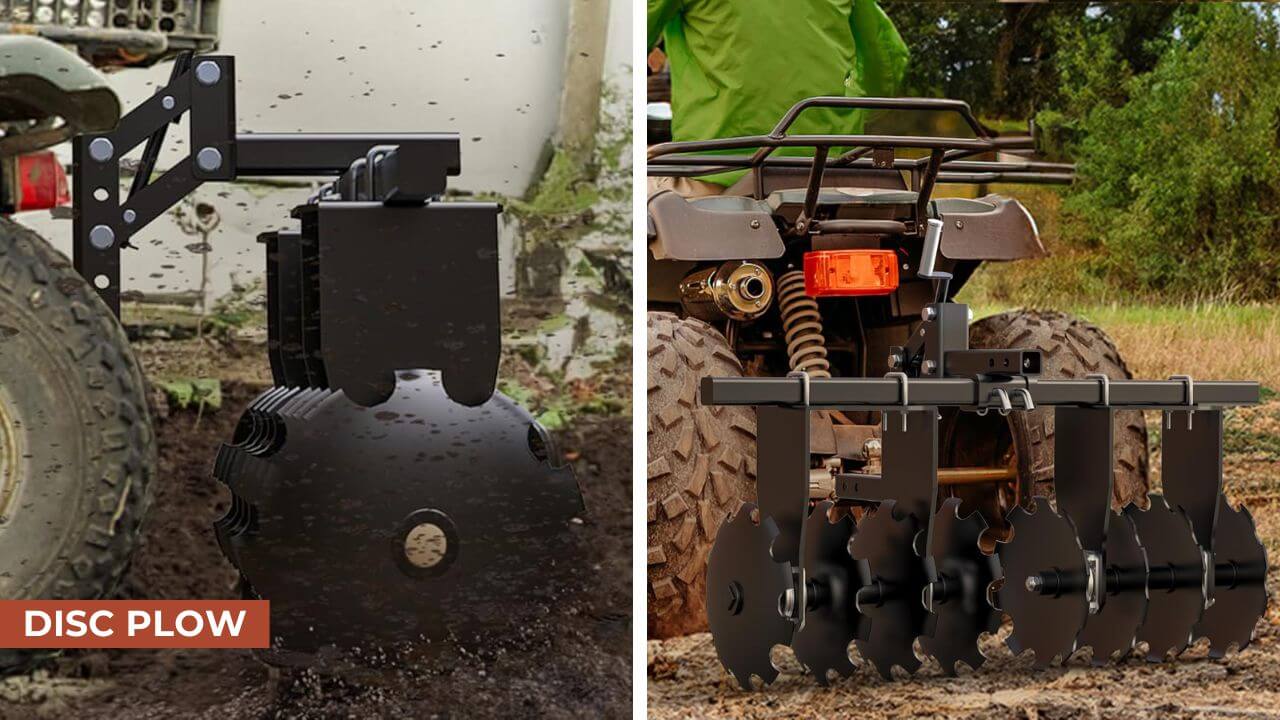 Close-up of a disc plow attachment for an ATV, featuring large, metal discs used for soil tilling, with soil being disturbed in the field