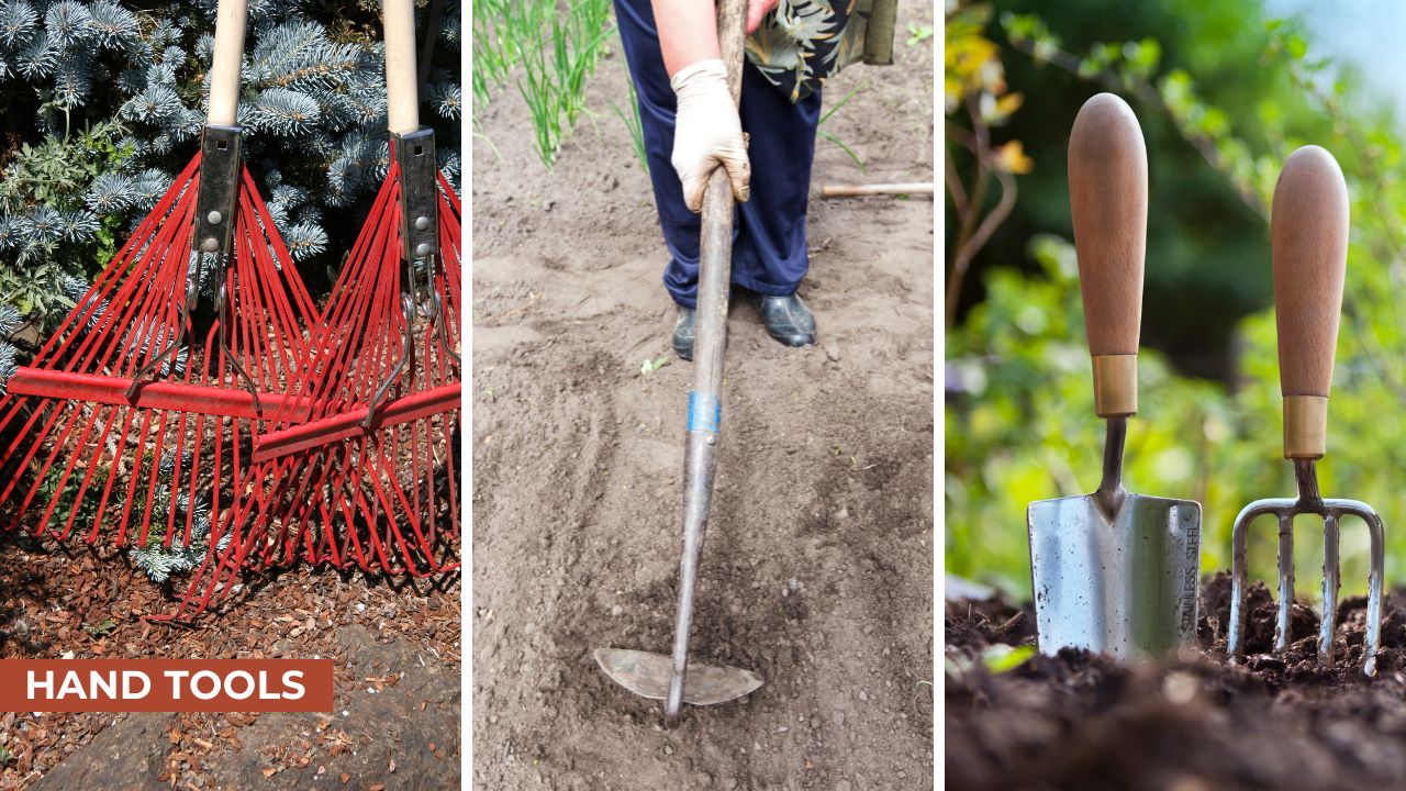 Various hand tools for gardening and landscaping, including a pair of red rakes, a hoe being used for digging, and a set of a garden fork and spade placed in soil