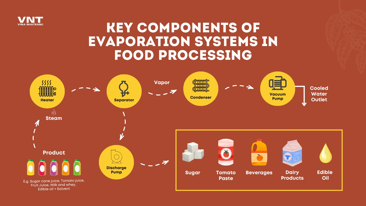 Illustration of key components of evaporation systems including heater, separator, condenser, discharge pump, and vacuum pump. It shows the process flow from steam generation, vapor separation, and condensation to the final product discharge. Examples of products include sugar, tomato paste, beverages, dairy products, and edible oil