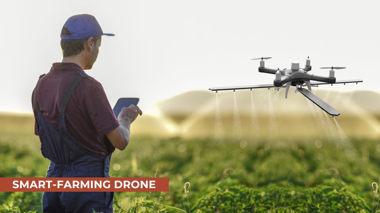 A farmer using a tablet to control a smart farming drone spraying crops in a field, showcasing modern agricultural technology for precision farming